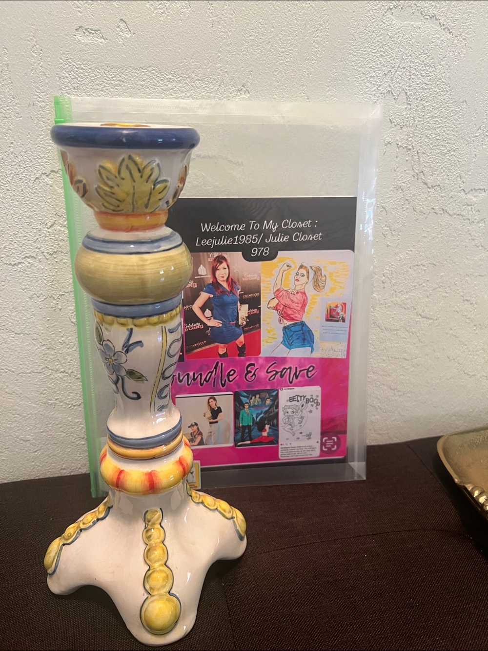 #2130*Hand-Painted Blue and Yellow Ceramic Candlestick - Decorative Home Accent - Picture 3 of 13